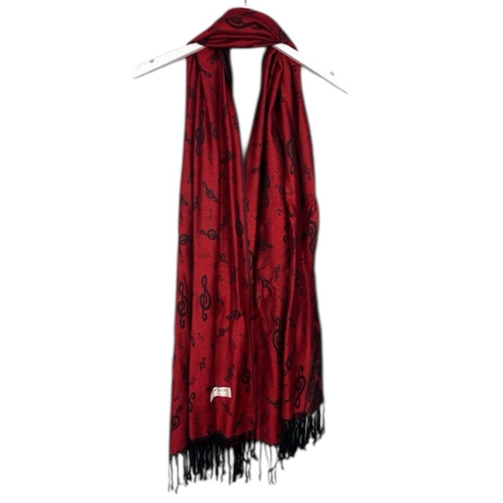 Pashmina Treble Clef Music Notes Red Fringe Pashmina Wool Silk Blend Scarf